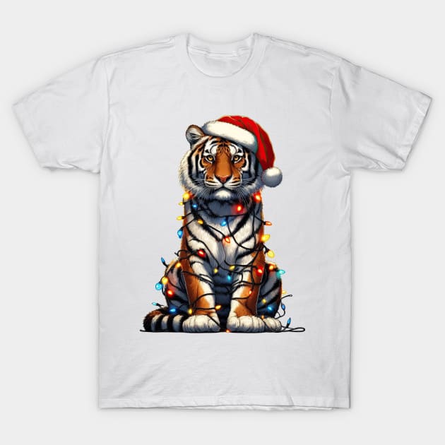 Tiger Wrapped In Christmas Lights T-Shirt by Chromatic Fusion Studio